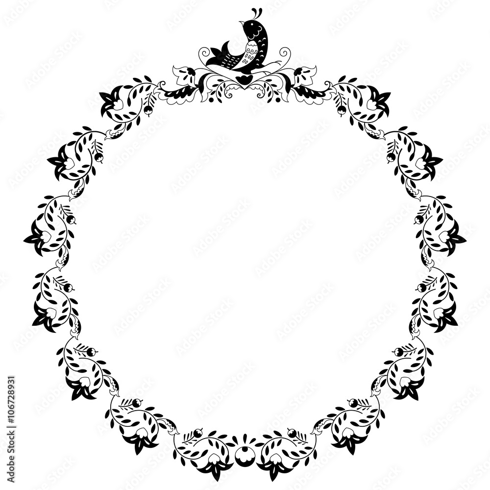 Round black and white border frame with doodle flowers and bird. Can be used for decoration and design photo frame, menu, card, scrapbook, album. Vector Illustration