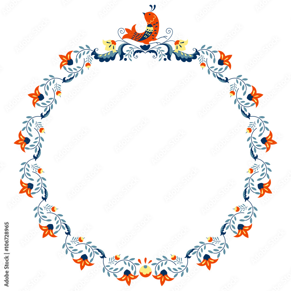Round colored border frame with doodle flowers and bird. Can be used for decoration and design photo frame, menu, card, scrapbook, album. Vector Illustration