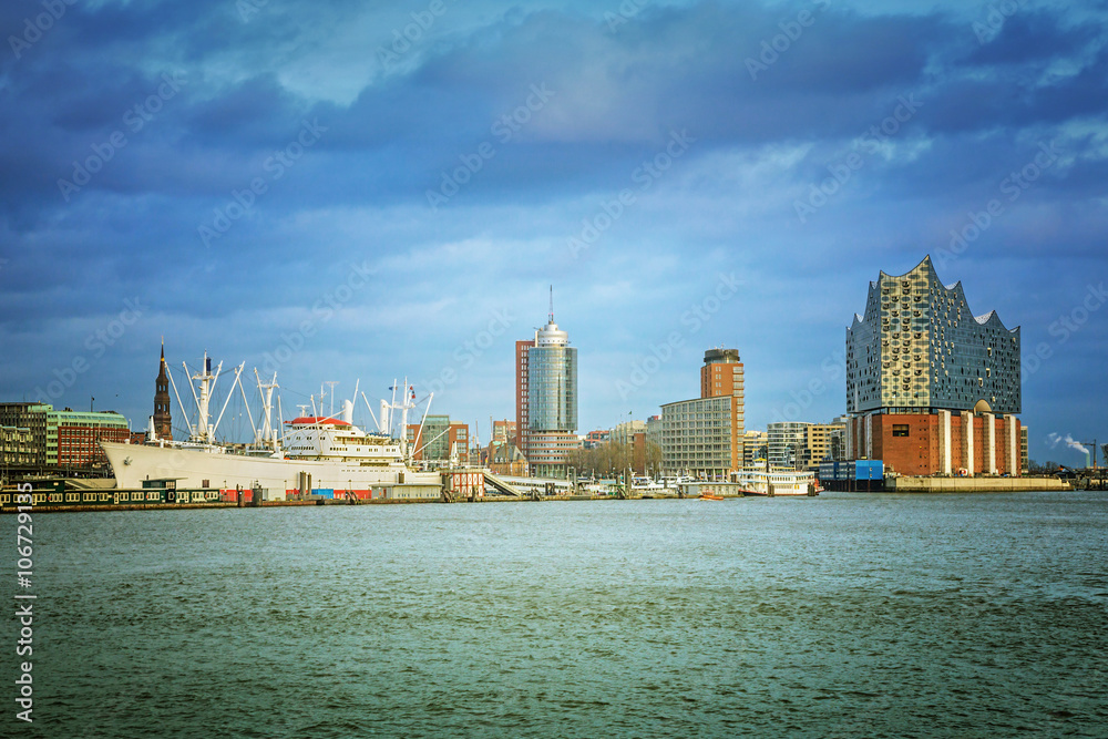 Hamburg harbour, view from Elbe