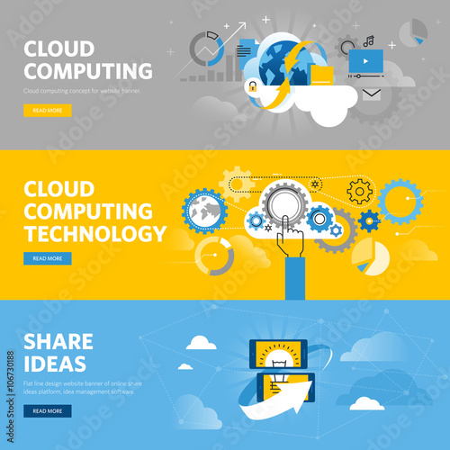 Set of flat line design web banners for cloud computing, online share ideas platform, idea management software. Vector illustration concepts for web design, marketing, and graphic design.