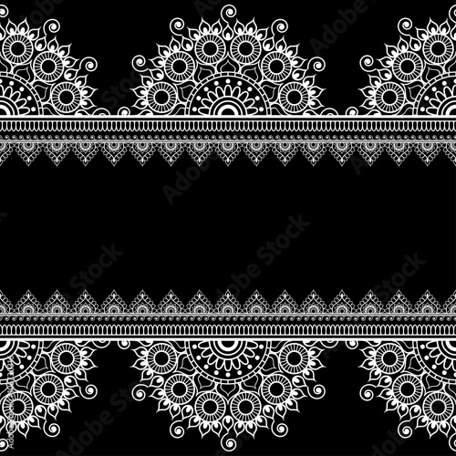 Border seamless pattern with Indian floral elements in mehndi style for card and tattoo isolated on black background.