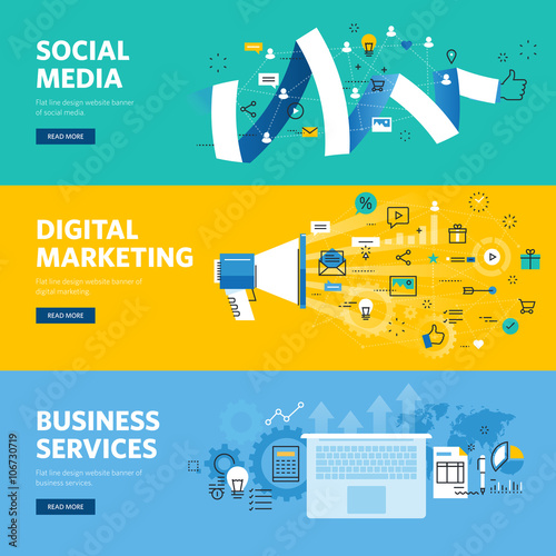 Set of flat line design web banners for social media, internet marketing, networking and business services. Vector illustration concepts for web design, marketing, and graphic design.