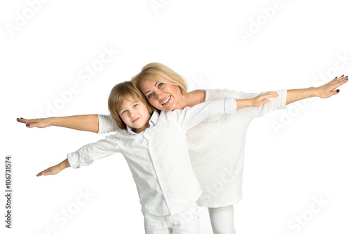 portrait of the mother and son. Isolated on white