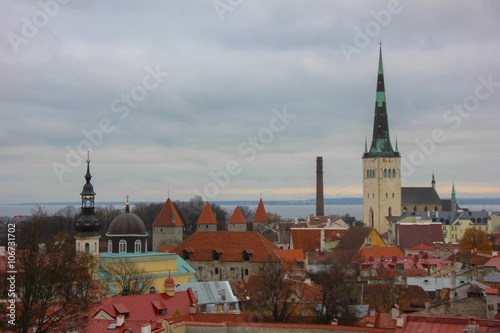 Panoramic view of Tallinn from above. Roofs of brick color.