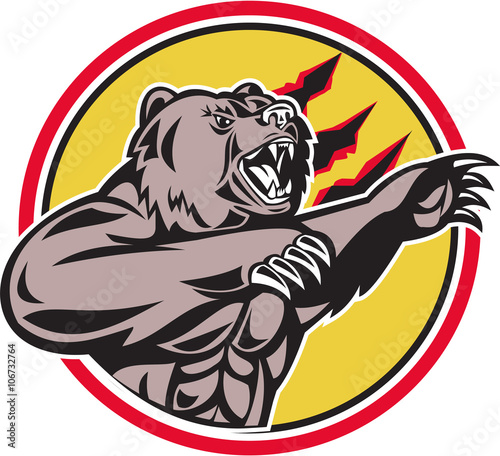 California Grizzly Bear Swiping Paw Circle Retro