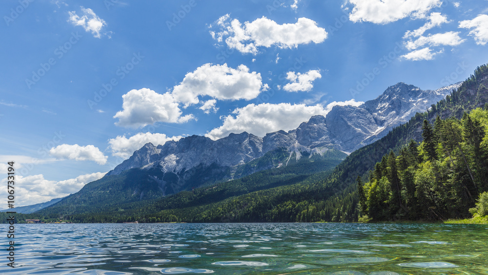 Wetterstein mountains with Zugspitze and Waxenstein in Summer, seen from the Eibsee.