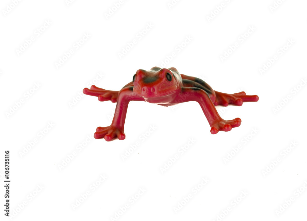 Red frog toy on white background / Green rubber frog toy - bath toy - white  background isolated / Platoon green toy frogs. Close up view / Toy frog  Stock Photo
