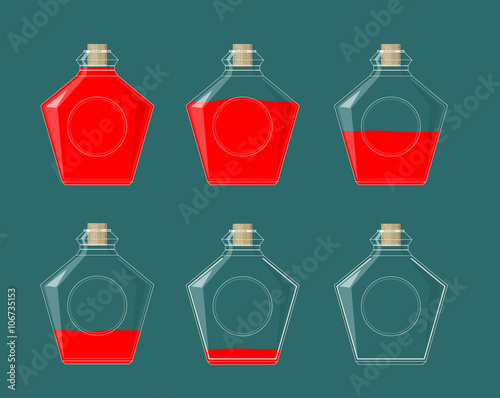 Glass Bottles. Liquid of Various Fullness. Health Recovery Potion. Parts of UI for 2d and 3d Video Games. Vector