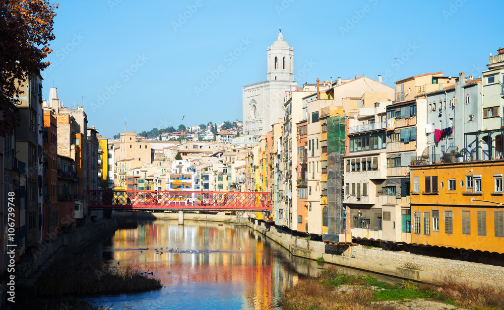 houses and church on river Onyar  in Gerona.