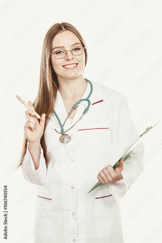Woman doctor with stethoscope, clipboard and pen. Woman doctor with stethoscope, clipboard and pen.