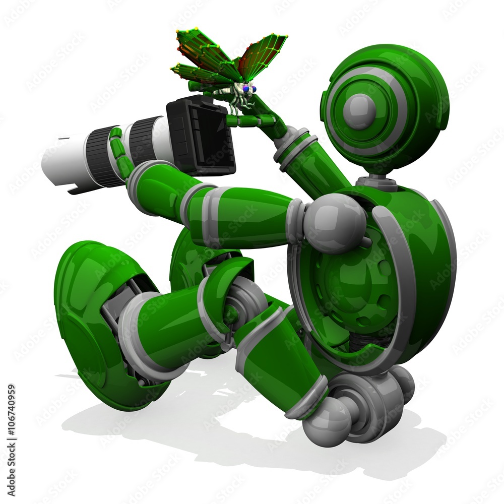 3D Photographer Robot Green Color With DSLR Camera And White Lens, Butterfly on Thumb in Right Hand, Macro Photography