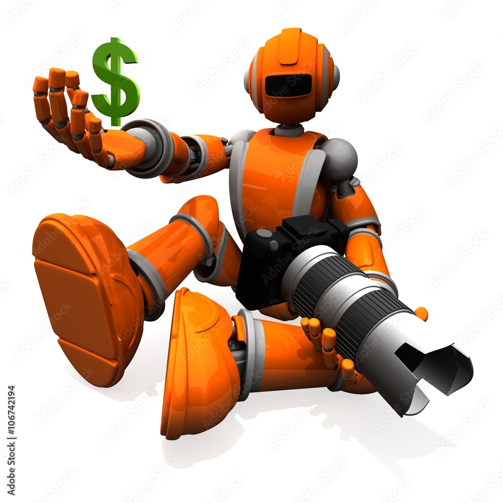 3D Photographer Robot Orange Color With DSLR Camera And White Lens, Money Symbol On Right Hand, Success In Photography