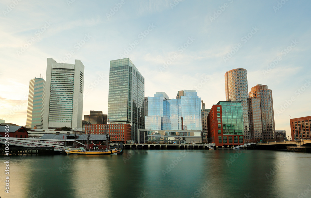 Boston Skyline Showing Financial District and Tea Party Museum,  Boston, USA. 