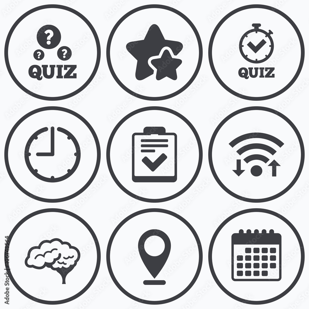 Quiz icons. Checklist and human brain symbols. Quiz icons. Checklist and human brain symbols.