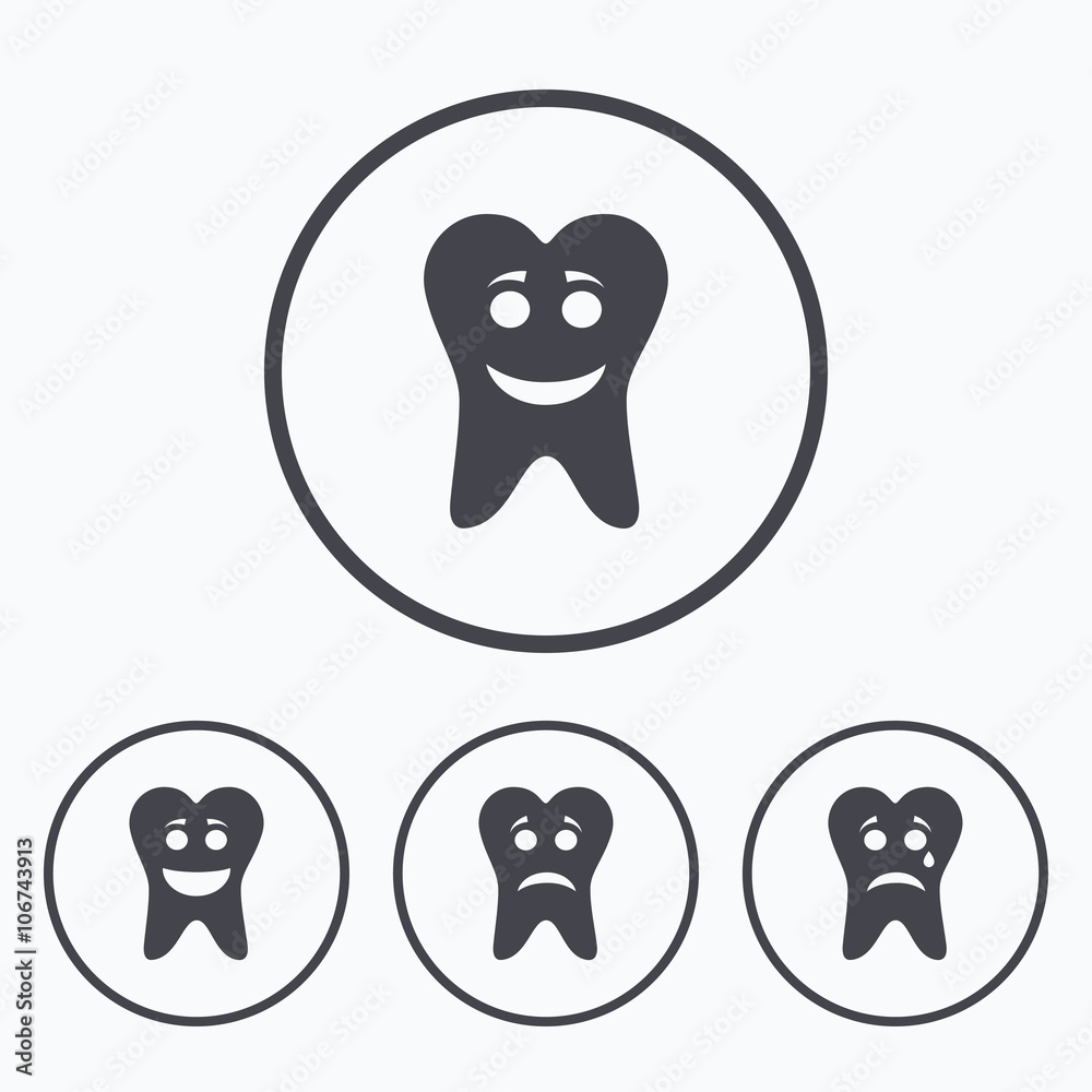 Tooth smile face icons. Happy, sad, cry. Tooth smile face icons. Happy, sad, cry.