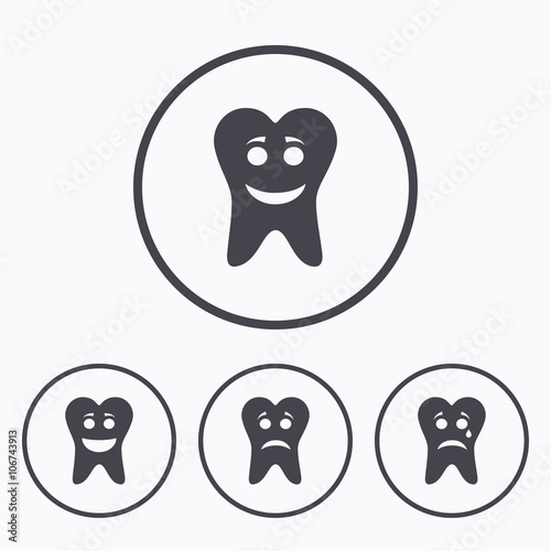Tooth smile face icons. Happy, sad, cry.