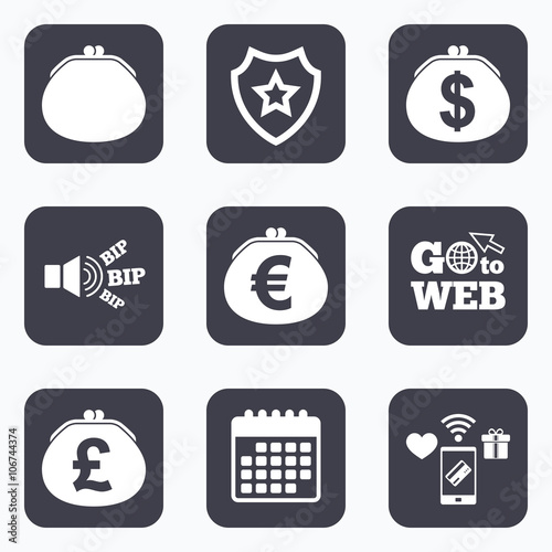 Wallet with Dollar, Euro icons. Cash bag signs.
