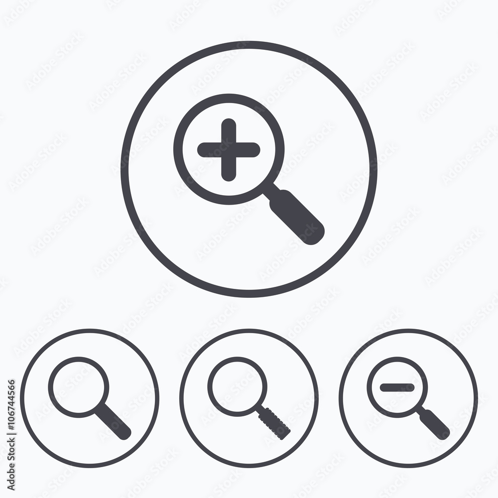 Magnifier glass icons. Plus and minus zoom tool. Magnifier glass icons. Plus and minus zoom tool.