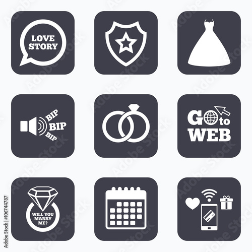 Wedding dress icon. Bride and groom rings symbol