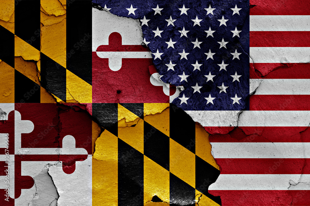 Obraz premium flags of Maryland and USA painted on cracked wall