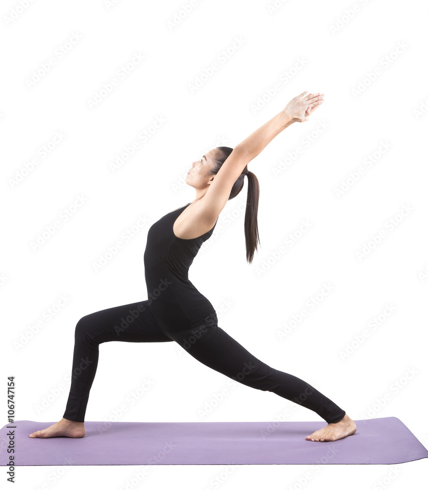 Naklejka premium portrait of asian woman wearing black body suit sitting in yoga