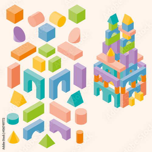 Colored building blocks for children. Vector set. 3d Isometric  illustration