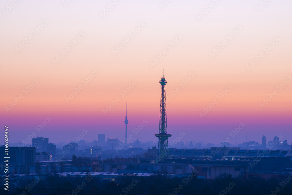 Berlin Sykline and colorful sky in the morning before sunrise
