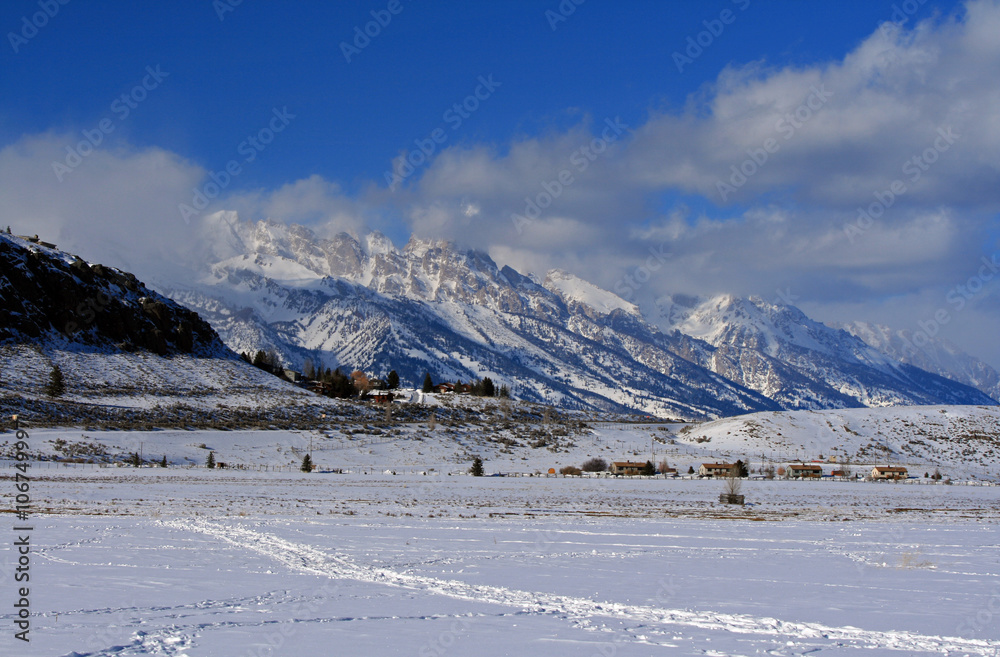View of Grand Teton mountain range as seen from Elk Refuge in Jackson Hole Wyoming United States