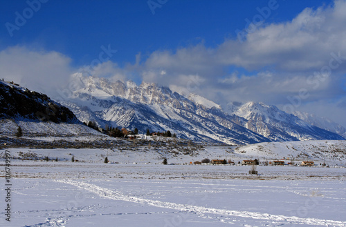 View of Grand Teton mountain range as seen from Elk Refuge in Jackson Hole Wyoming United States