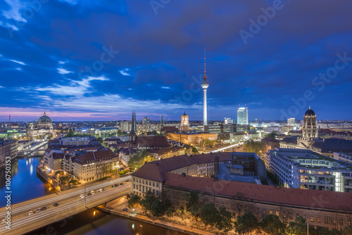 View over Berlin Skyline (TV Tower, Alexanderplatz, Town Hall, River Spree and Berlin Cathedral) at evening after sunset, Germany, Europe