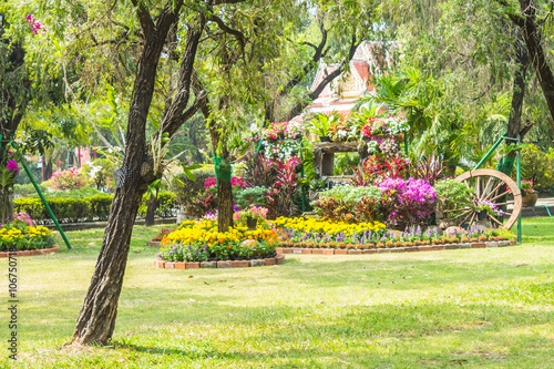 Flowers in the garden on summer. /Landscaped flower garden with lots of colorful blooms on summer.