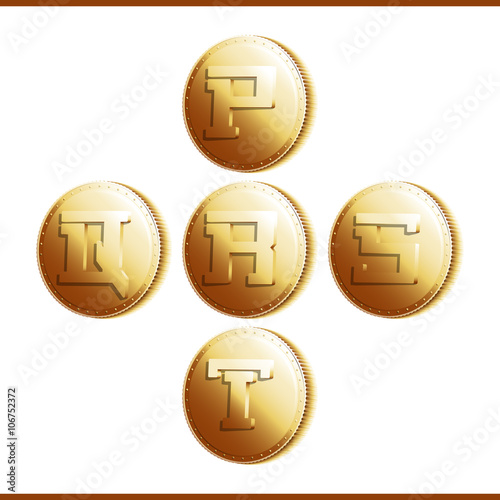 Golden coins with roman letters isolated on white background - part 4 (P - T). Vector illustration 10 EPS