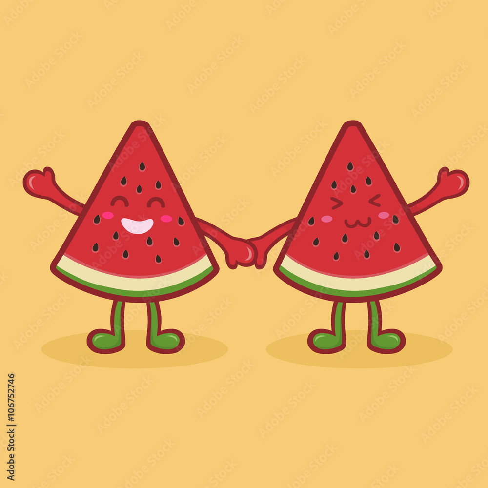 Illustration of cute watermelon fruit slice mascot in orange background. Illustration of cute watermelon fruit slice mascot in orange background.
