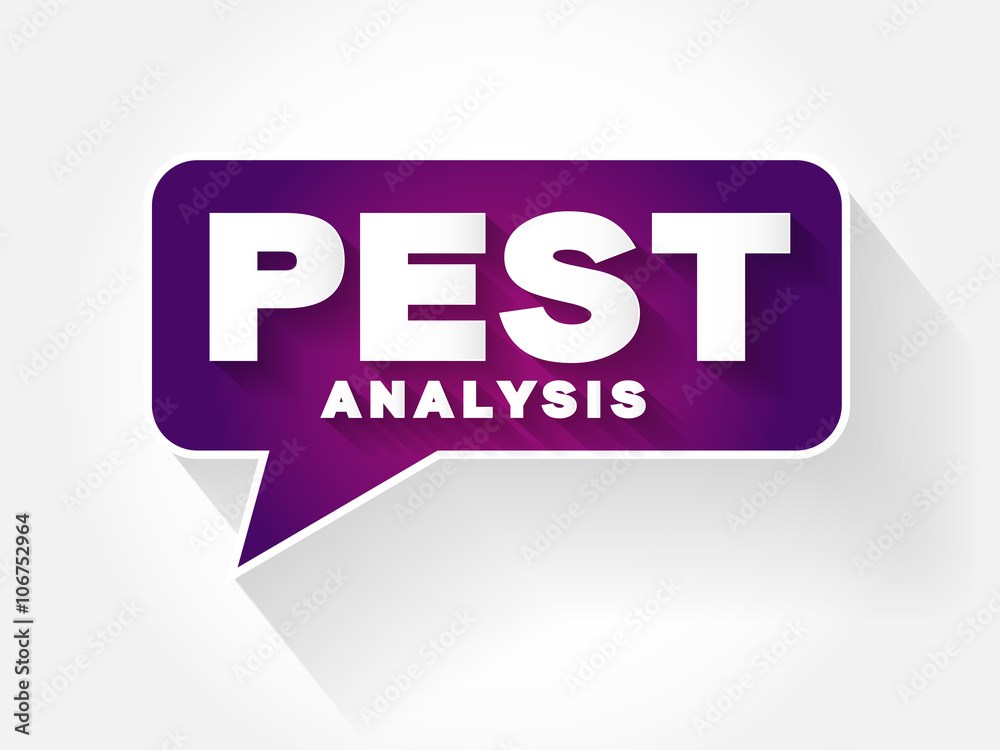 PEST Analysis text message bubble, flat background concept PEST Analysis text message bubble, flat background concept