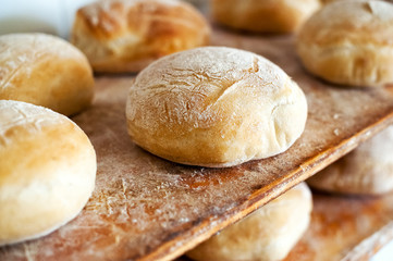 Papier peint photo Boulangerie Miches rondes de pain blanc cuites  © photology1971