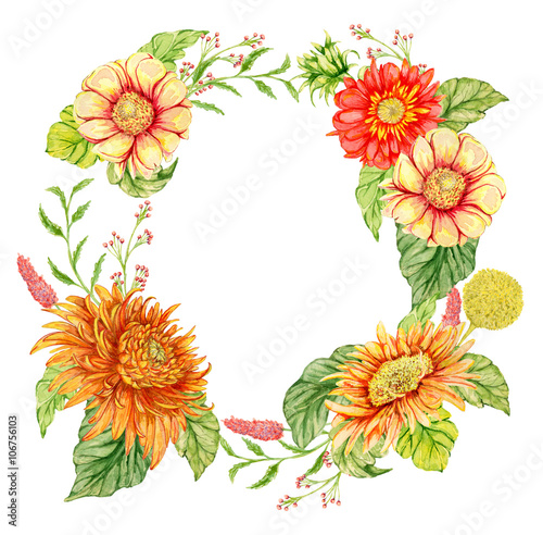 Wreath with watercolor gerbera flower. Hand drawn illustration