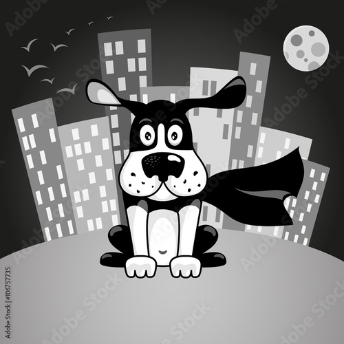 Black and white dog in superhero costume