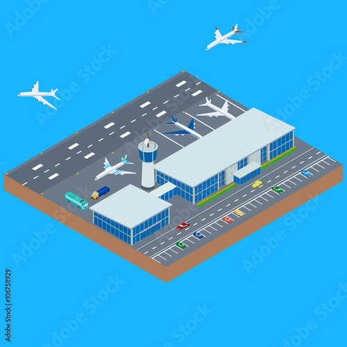 vector illustration. The airport building with parking, runway, airplane takes off, airplane lands. The planes near the airport, bus, car. infographics, isometric.
