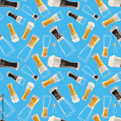 Many glasses with different soda on blue background, seamless pattern