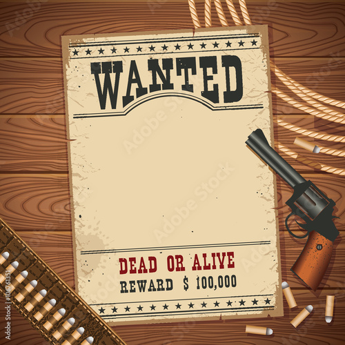 Wanted poster with western objects on wood texture