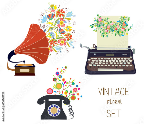 Vintage set - gramophone, typewriter and phone - floral nice des