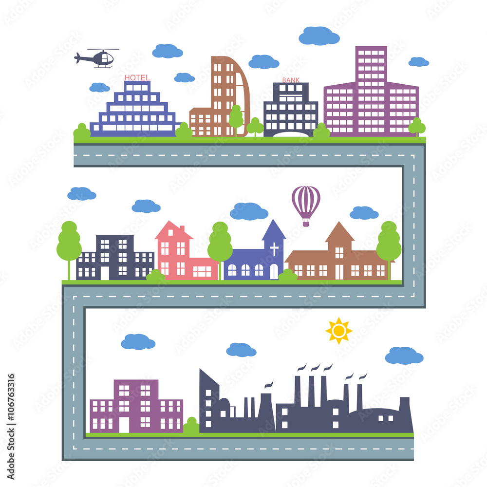 City Skylines. Landscape constructor icons set. Vector elements of town isolated on white. Set of buildings in the style of small business flat design. Road and city architecture