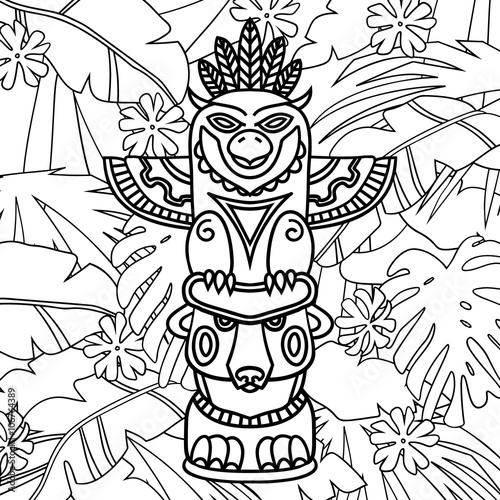 Doodle Traditional Tribal Totem Pole on plants background, coloring book