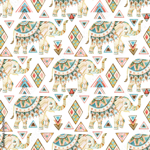 Indian elephant watercolor seamless pattern