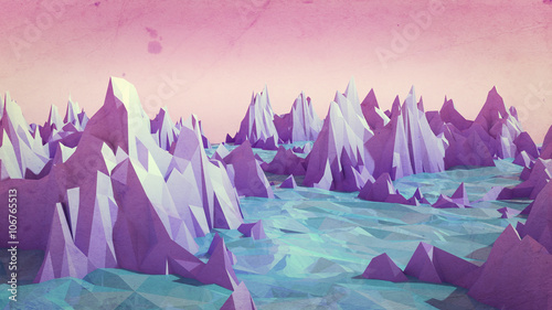 Low poly mountains landscape with water.