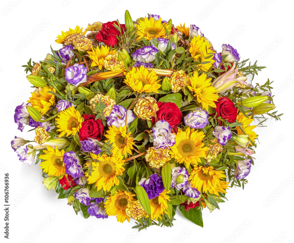 Bouquet of flowers top view isolated on white