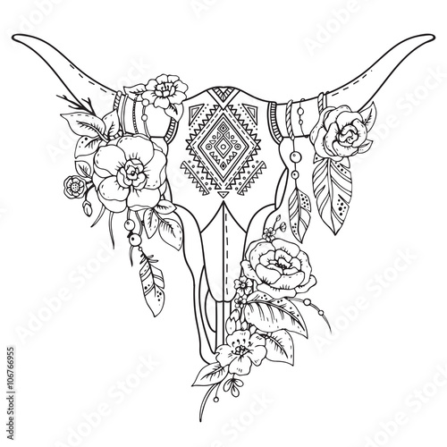 Decorative Indian bull skull with ethnic ornament,flowers and le
