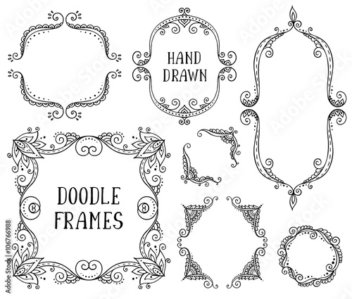 Set of hand drawn vector doodle frames on white background