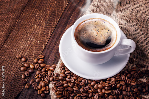 Cup coffee beans wooden