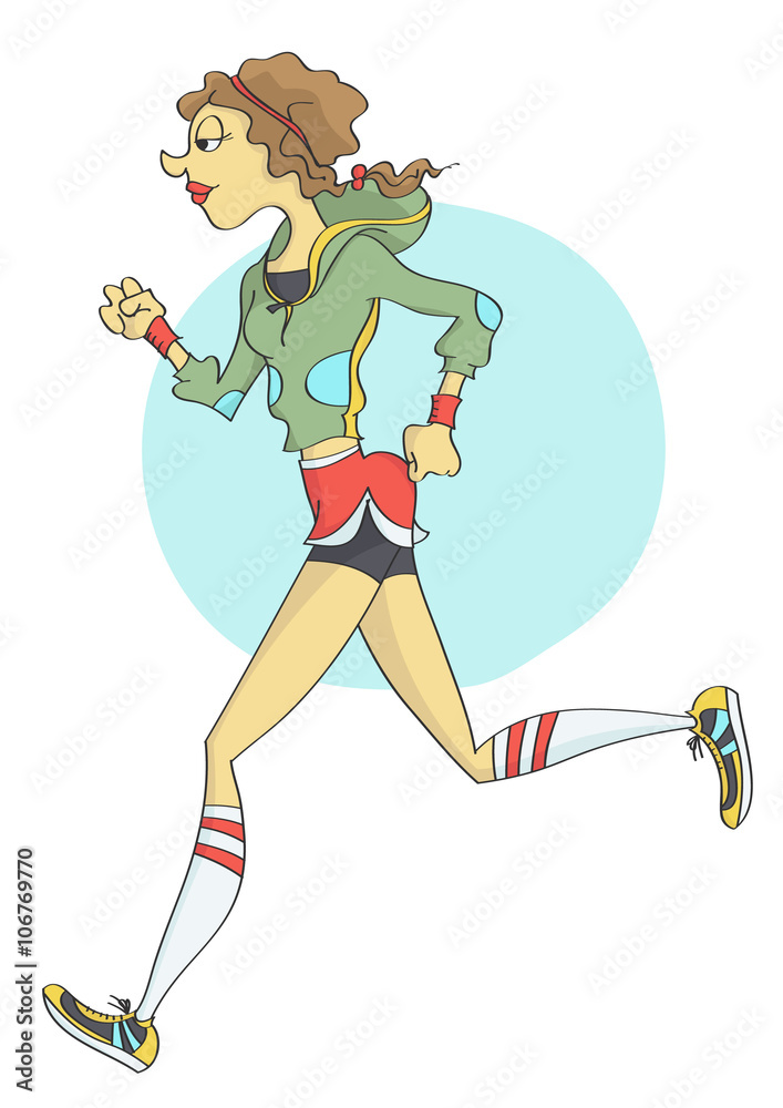 Cartoon of funny, stylish woman with fit body in sporty outfit, jogging.  Stock Vector | Adobe Stock